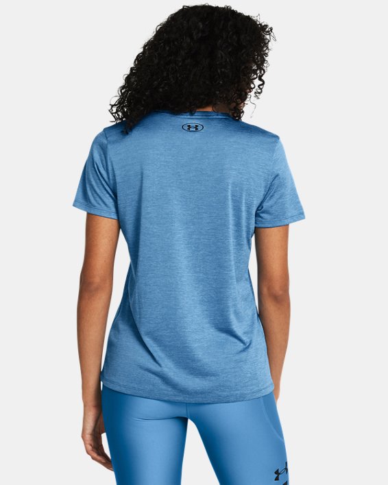 女士UA Tech™ Twist V領短袖T恤 in Blue image number 1